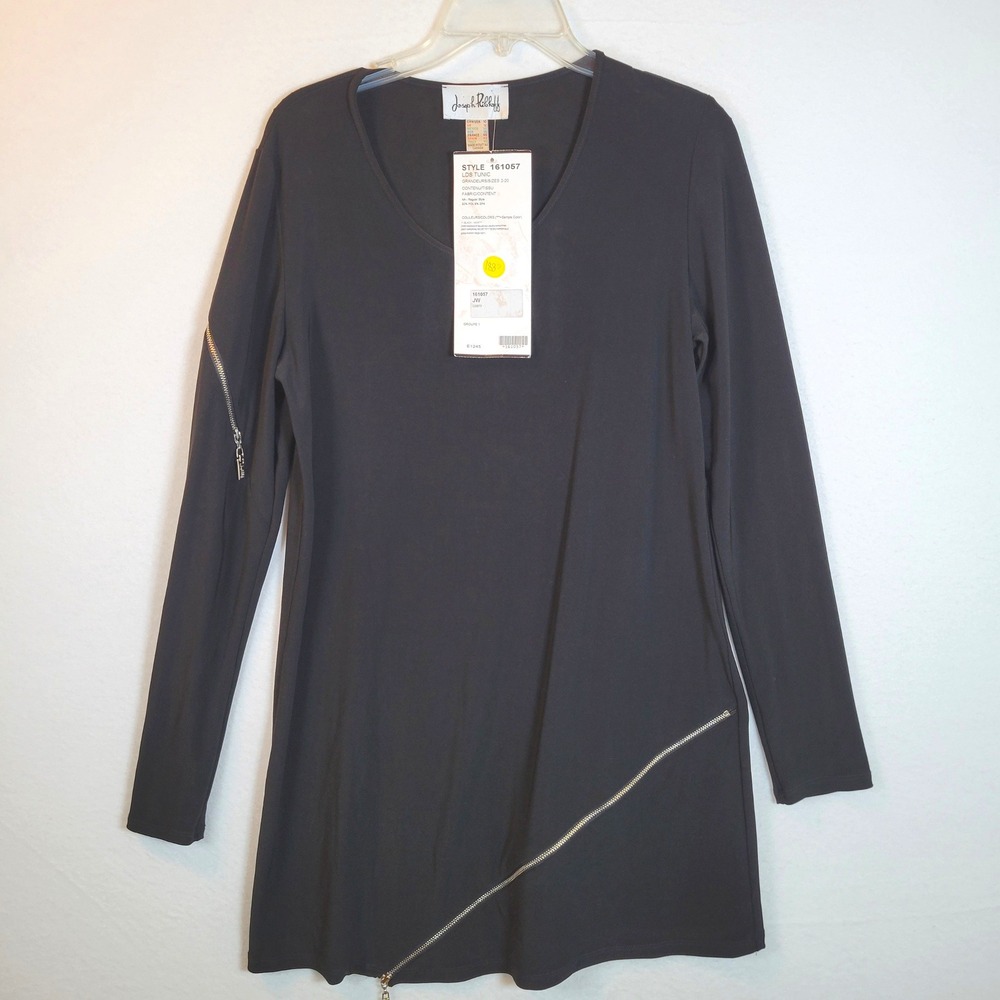 Joseph Ribkoff Women Asymmetrical Zip Slinky Knit Tunic Top Blouse Size 10 Black